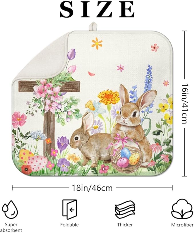 Easter Dish Drying Mat for Kitchen Counter,Cute Bunny Spring Florals Microfiber Drying Mat,Washable Absorbent Kitchen Countertop Dish Mat Drain Pad 16×18 Inch