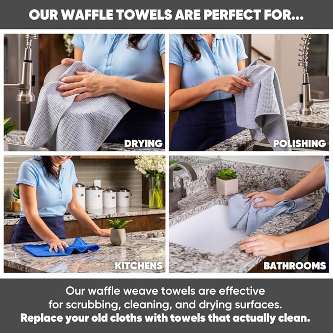 Kitchen Towels - Microfiber Waffle Weave Towels | Absorbent, No Lint, Thick, Reusable, Commercial, Soft, Hand, Tea, Glass, Bar, Sublimation Blank, Polyester Cloths (Gray, 16 x 16 (6 Pack))