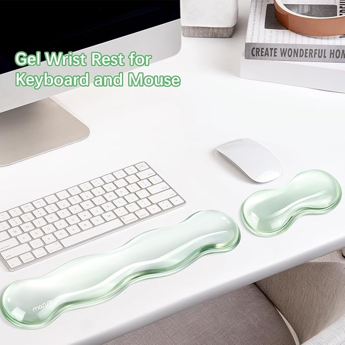 MOSISO Gel Keyboard Wrist Rest&Wrist Support for Mouse, Ergonomic Wrist Pad Soft Cooling Gel Pain Relief Easy Typing Pad Non-Slip Computer Laptop Wave Shaped Home/Office Wrist Cushion, Mint Green