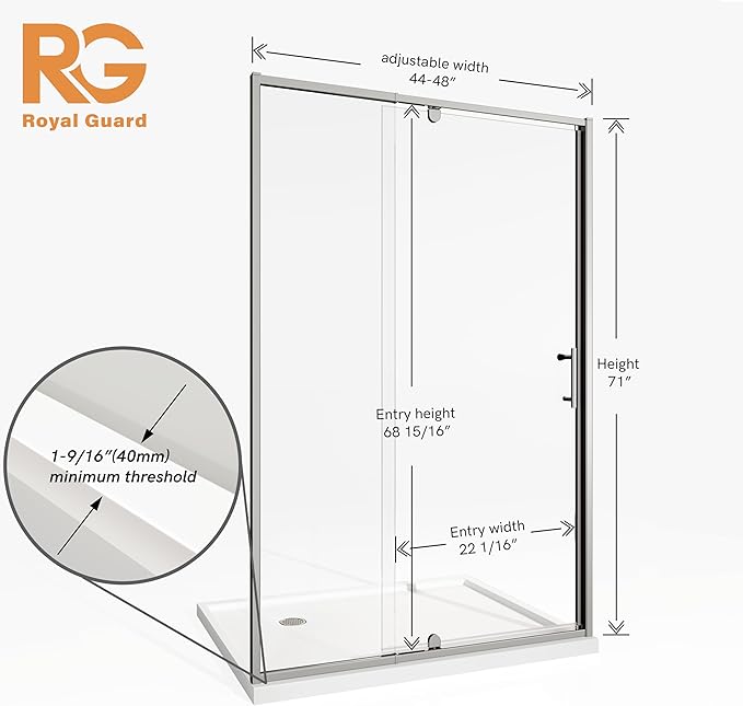 44-48" W x 71" H Pivot Swing Glass Shower Door,Pivot Frame Shower Door with 1/4"(6mm) Clear SGCC Tempered Glass, Magnetic Closing,Chrome