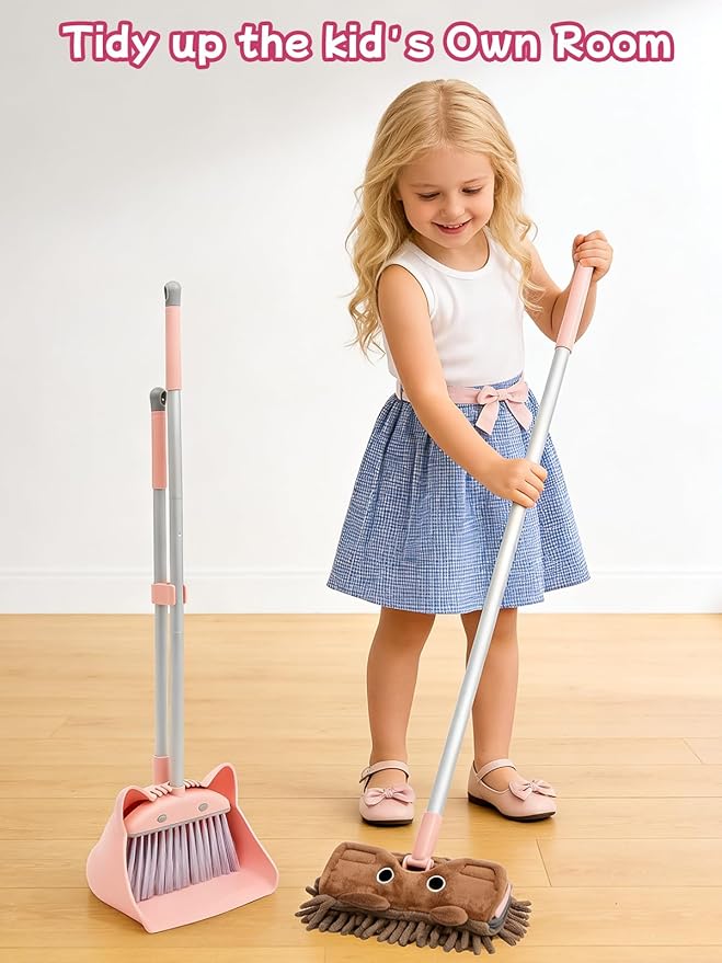Kids Cleaning Toy 3-Piece Set - Broom, Dustpan & Mop | 28-Inch Mini Broom, Toddler Household Helper, Perfect Tool for Cleaning Tiny Corners, Adorable Cartoon Style (Pink)