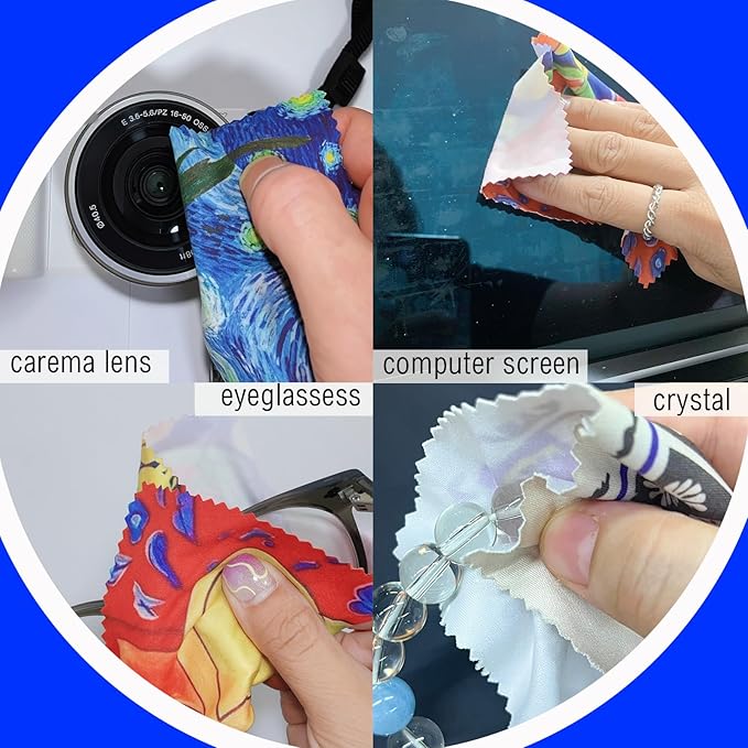 4Pcs Glasses Cleaning Cloth,Microfiber Cleaning Cloths,Lens Cleaning Cloth for World Classic Art Collection,Pouch&Clip-On&Washable,for Eyeglasses,Screens,Sunglasses,Camera Lenses (Colorful)