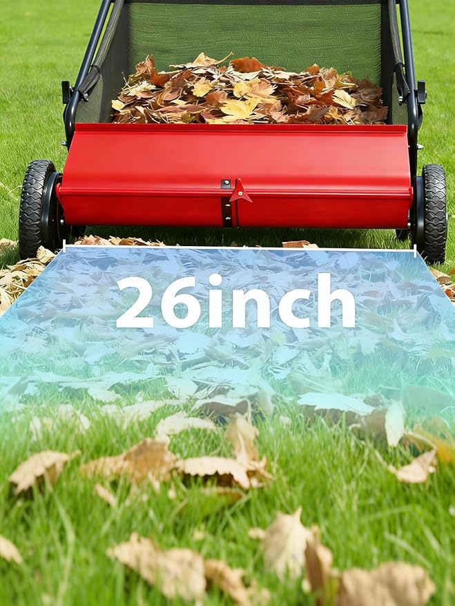 Push Lawn Sweeper,26 in Width Enhanced 4-Brush System, 7 ft Capacity Heavy Duty Steel Frame, Ideal for Yard and Garden Cleanup, Red