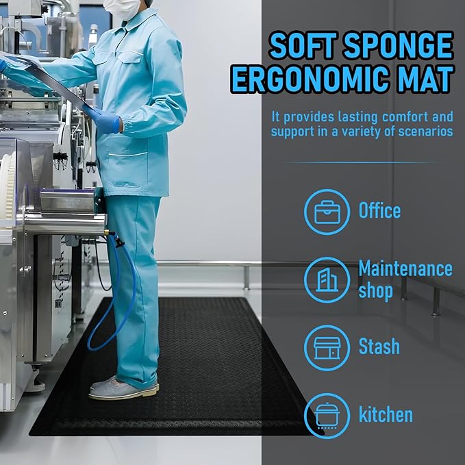 2 x 7 FT Anti Fatigue Mats Industrial 15/16 Inch Thick Soft Sponge Ergonomic Mat Durable Heavy Duty Diamond Plate for Standing Non Slip Industrial Grade Floor Mat for Leg & Back Pain (Black)