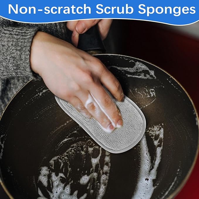 6 Pack Dual-Sided Sponges Kitchen, Non Scratch Microfiber Dish Sponge All Purpose Dish Washing Scrubber for Cleaning Non-Stick Cookware Dishes Kitchen Pots Pans Sink Household(Grey)