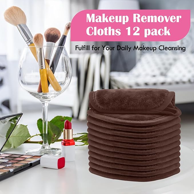 Orighty Makeup Remover Cloth, 12 Pack Makeup Removal Face Cleansing Cloth, Reusable Make Up Remover Pads Remove Instantly Dirt with Just Water, 5 x 5 in, Brown