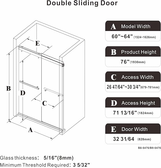 Frameless Sliding Shower Door, 60-64" W x 76" H Glass Shower Door with 5/16" (8mm) Clear Tempered Safety Glass, Stainless Steel Hardware, Double Sliding Shower Door, Brushed Gold