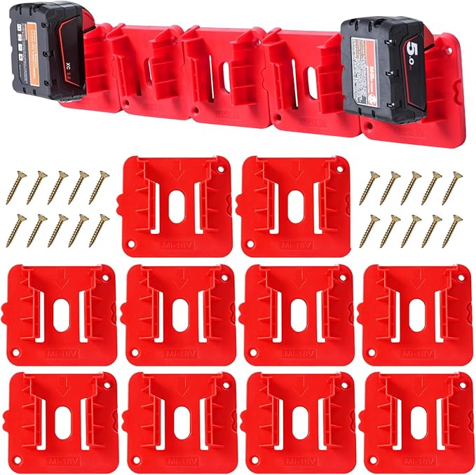 10 Pack Battery Holder for Milwaukee M18,Wall Mount M18 18v Battery Holder Storage Case Tool Holder for Shelf Work Van Toolbox
