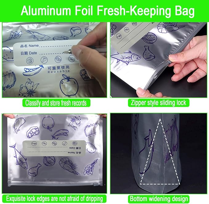 Reusable Aluminum Foil Storage Bags, 30 Count - Thick, Leak-Proof Stand-Up Bags with Resealable Zipper for Food Storage & Organization | Freezer, Pantry & Meal Prep (Variety Pack (S/M/L))