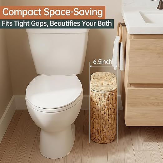 Wicker Bathroom Trash Can with Lid,Narrow Rattan Waste Basket with Removable Liner Bucket,Slim Woven Water Hyacinth Garbage Can for Bedroom,Office,Small Spaces,3 Gallon
