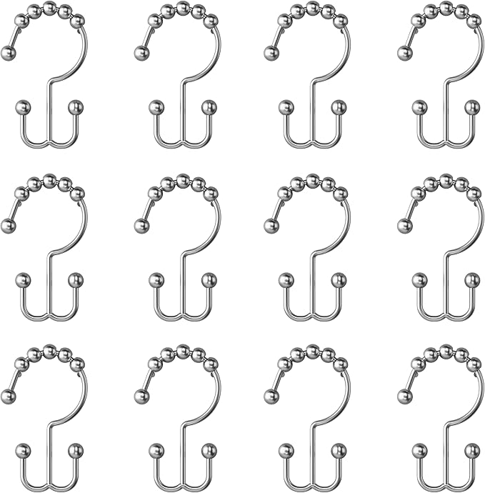Maytex Shower Curtain Hooks, Shower Curtain Rings, Rust-Resistant Decorative Double Roller Glide Shower Hooks, Shower Rings for Bathroom Shower Rods, Curtains, Liners, Set of 12, Brushed Nickel
