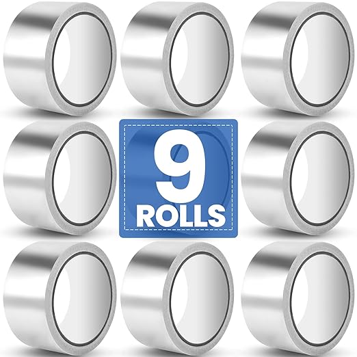 9 Pack Aluminum Foil Tape, 3.9 mil 2" x 450 Feet Total Silver High Temperature Tape, Metal Tape, Insulation Foil Tape for Ductwork, HVAC, Dryer Vent, Seal