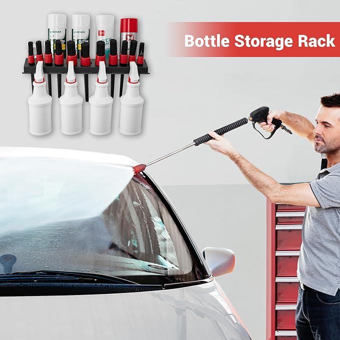 Car Cleaning Brush and Spray Bottle Storage Rack, Wall Mount Bottle Organizer Detailing Brush Organizer Holder，Car Beauty Shop Accessory Display，Spray Containers Tool for Auto Repair Shops Garages