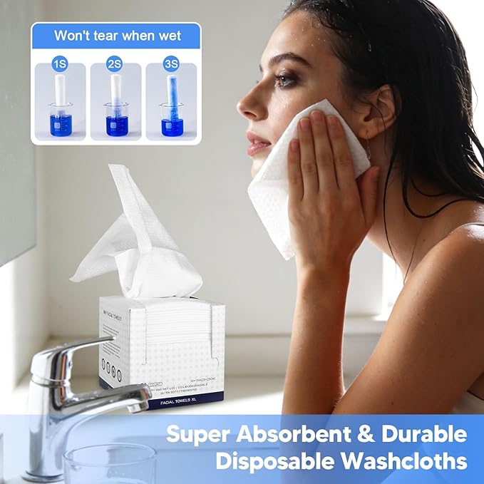 Disposable Face Towels, 50 Count Ultra Soft Biodegradable Facial Cleansing Cloths, Lint-Free Makeup Remover Cloth in Paper Box