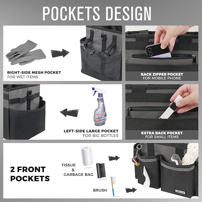 Compact Wearable Cleaning Caddy, Small Cleaning Caddy Supplies Organizer with Handle & Shoulder Straps for Housekeepers, Under Sink & Car Cleaning Tool Organizers Bag (DarkGrey)