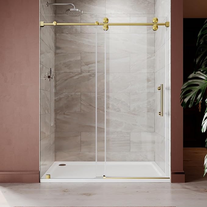 61-65 Inch x 80 Inch Sliding Frameless Shower Door, 3/8" Tempered Glass with Easy-Cleaning Coating, Stainless Steel Rollers & SGCC-Certified Stability, Satin Brass