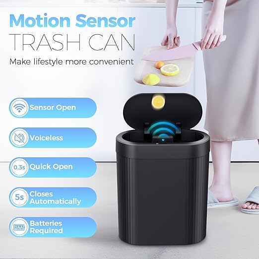 5 Gallon Bathroom Trash Can with Lid, Automatic Motion Sensor Black Trash Can, Touchless Slim Waterproof Garbage Bin for Kitchen, Bedroom, Office, and Bathroom