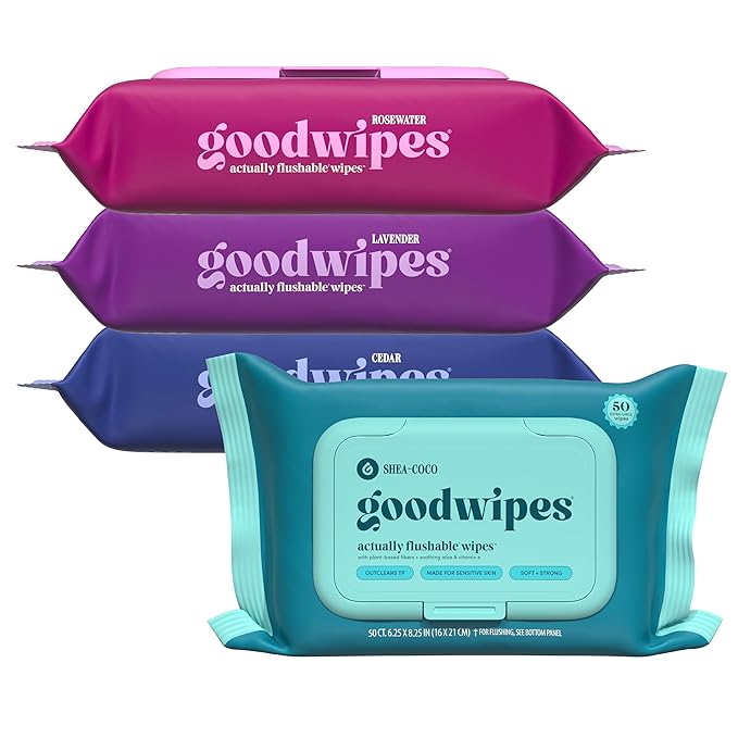 goodwipes Flushable Butt Wipes - Extra Large Adult Wet Wipes For Women & Men - Bathroom Essentials - Sewer & Septic Safe - Variety Pack, 200 Count (4 Packs)