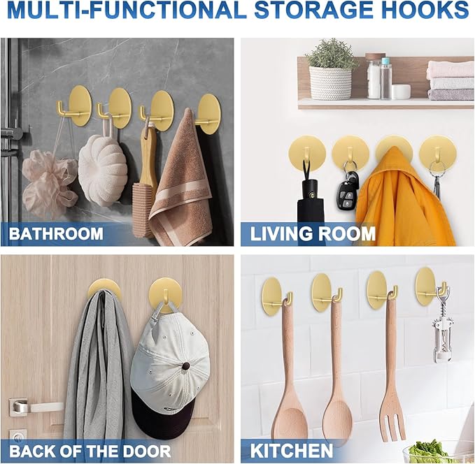 Adhesive Hooks for Bathrooms, 4 Piece Towel Hooks for Hanging Hat Robe Coat, Stick on Hooks for Kitchens, Strong Self-Adhesive No Damage Waterproof Stainless Steel Sticky Hook (Gold)