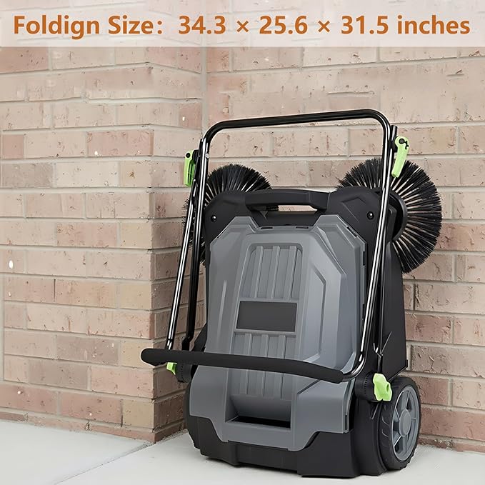 Manual Walk-Behind Floor Sweeper - 25.6" Wide Sweeping Path, 5-Gallon Waste Container, Adjustable Foldable Handle for Yard/Garage/Patio