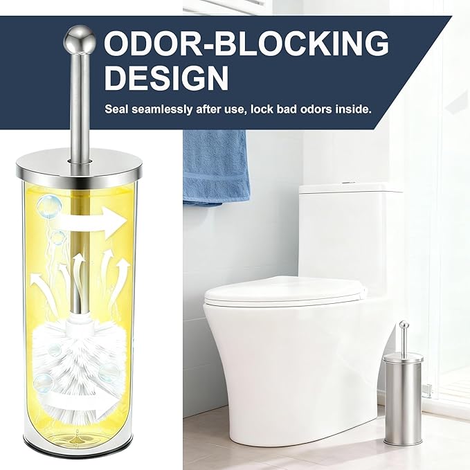 Toilet Brush and Holder Set: 304 Stainless Steel Toilet Bowl Brush for Bathroom Deep Cleaning,Removable Inner Bowl and Splash Protection,Compact and Durable (Silver)