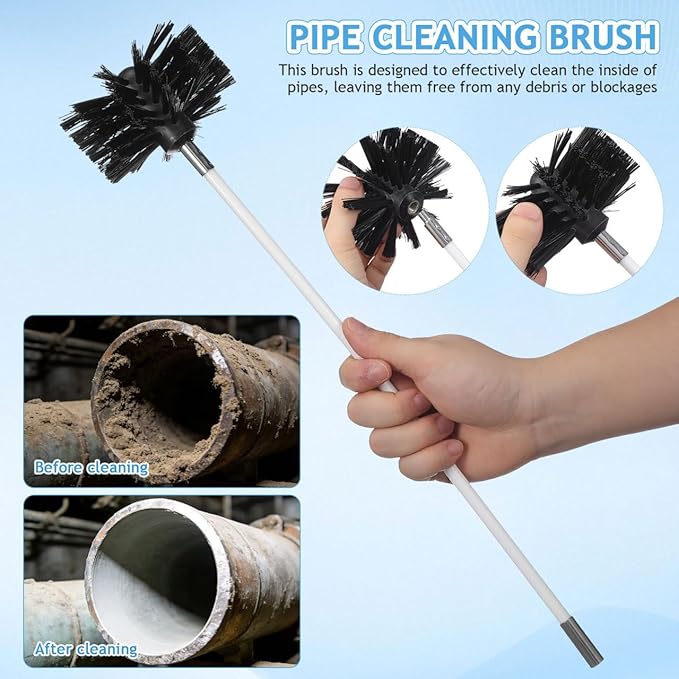24Feet Chimney Sweep Kit, Chimney Cleaning Kit with Two 4'' Brush Head, Flexible Extendable Rods for Flue/Fireplace/Hood/Sewage Pipe Cleaning