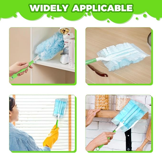 5PCS Duster Refills Folding Handles Set Compatible with Swiffer Dusters,Disposable Static Dust Removal Brush Handle for Dusting Electronics,Furniture,Blinds,Ceiling Fans (5, Green)