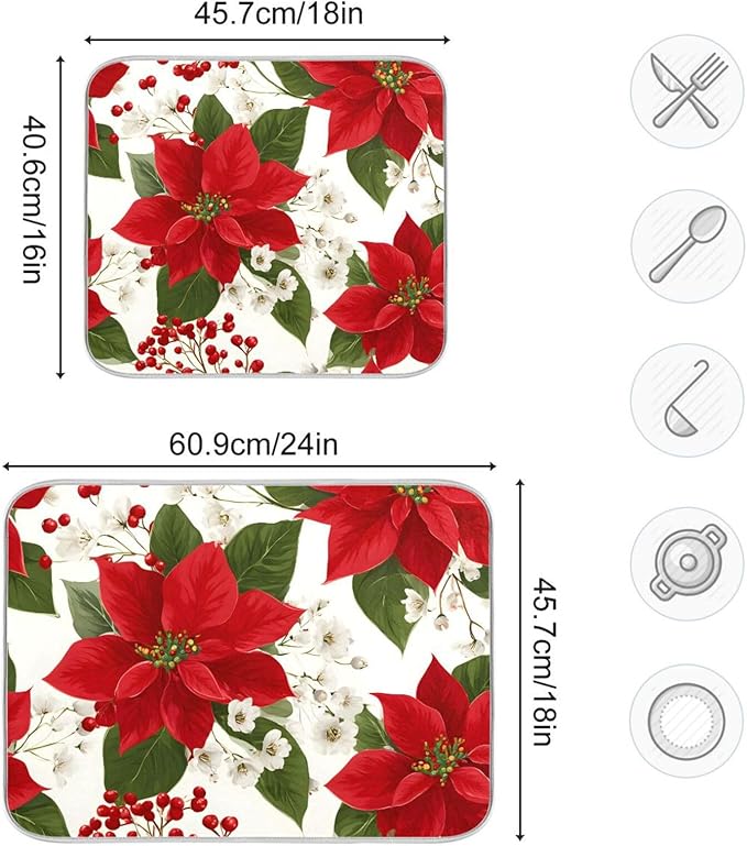 Red Poinsettias with Holly Dish Drying Mat for Kitchen Counter Super Absorbent Drying Mat 18x24 inch Large Dish Drying Matts for Countertop Protector Dishes Pad