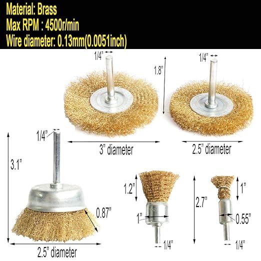 5pcs Brass Wire Wheel Brush Kit for Drill,Crimped Cup Brush with 1/4-Inch Shank ,0.13mm True Brass Wire,Soft Enough to Cleaning or Deburring with Less Scrach