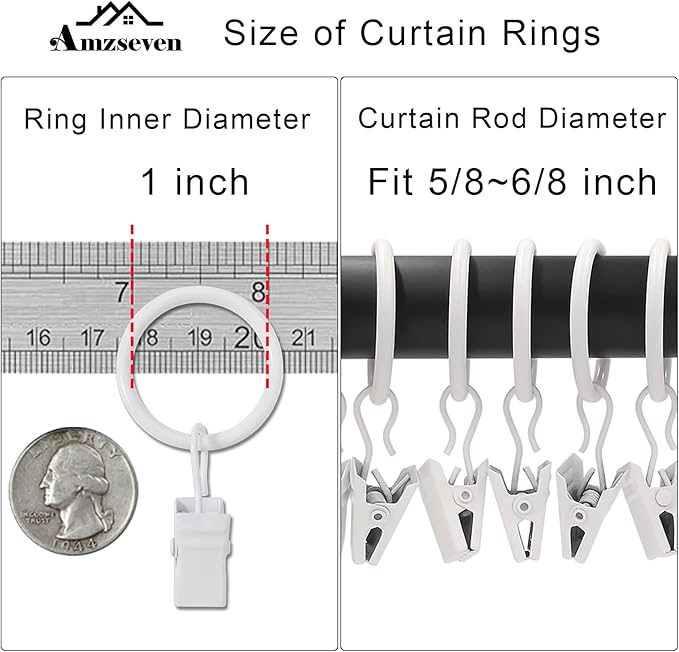44 Pack Metal Curtain Rings with Clips, Drapery Clips with Rings, Drapes Rings 1 inch Inner Diameter, Fits Diameter 5/8 inch Curtain Rods, White