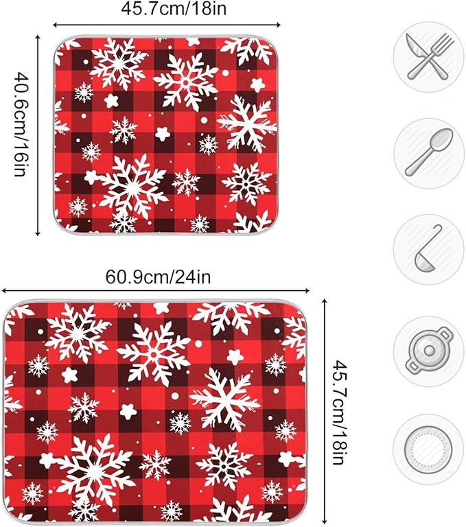 Snowflakes Christmas Checkered Plaid Dish Drying Mat for Kitchen Counter Absorbent Microfiber Drying Pad, Large 18x24 in
