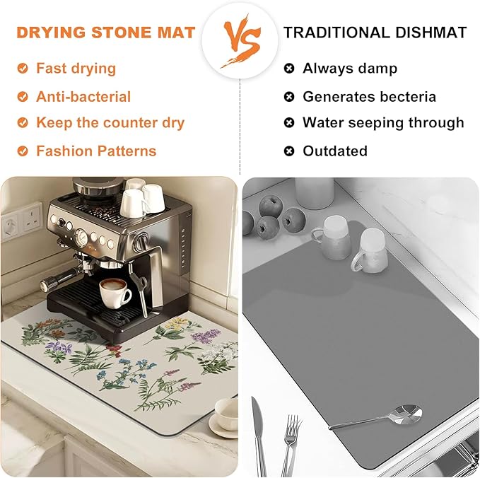 LOKHOM Dish Drying Mat for Kitchen Counter, 16"x20" Absorbent Coffee Bar Mat with Vintage Sage Flower Herbs, Dish Drainer Rack Mat for Kitchen Counter