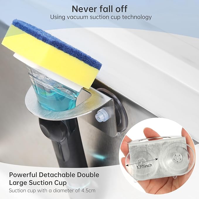 Stainless Steel Kitchen Sink Dish Brush Holder with Suction Cups,Scrub Brush Holder, Compatible with Various Dishwashing Brushes,Dish Wand Holder,Dishwand Sink Caddy,No Drill Rustproof Waterproof