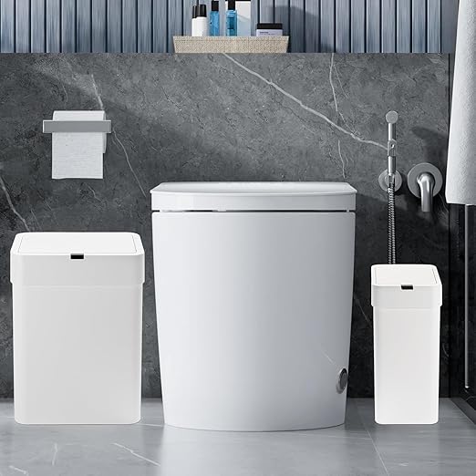 2 Pack Bathroom Trash Can with Lid - 2.5 Gal and 4 Gal Motion Sensor Garbage Bin, Smart Rubbish Bin, Waterproof Slim Dustbin, Automatic Plastic Trash Can for Bathroom, Office, White