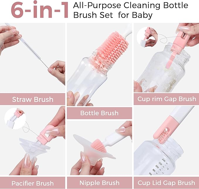 Baby Bottle Brush Set,8 in 1 Magnetic Design Cleaner Bottle Brush Kit with Silicone Brush,Drying Rack for Baby Bottle, Breast Pumps,Nipples - Home&Travel Gift for New Parents