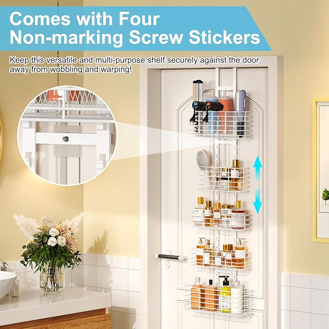 5-Tier Over The Door Organizer Bathroom Shelves Hair Tool Organizer - Hair Dryer Holder Adjustable Height, DIY Bathroom Storage Shelf Wall Mounted Behind The Door Storage