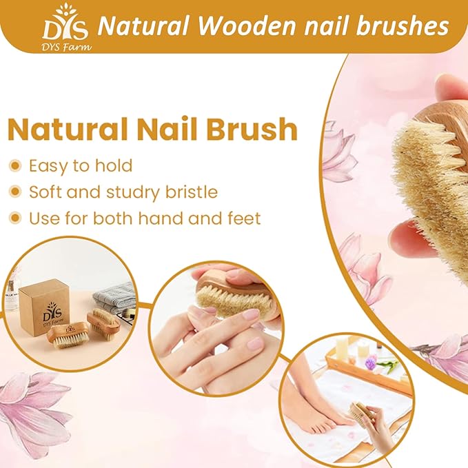Generic Wooden Fingernail Nail Brushes for Cleaning, Natural Boar Sisal Bristle Two-sided Non-slip Hand Foot Nails Cleaner Scrubber for Men Women Kids