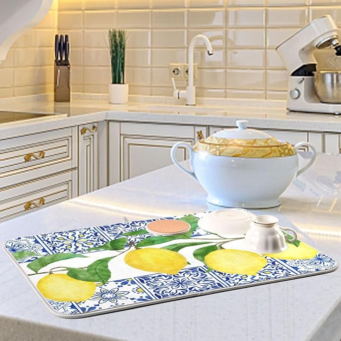 Lemon Blue Tiles Dish Drying Mat for Kitchen Counter Absorbent Microfiber Drying Pad, Medium 16x18 in, Reversible Drainer Mats