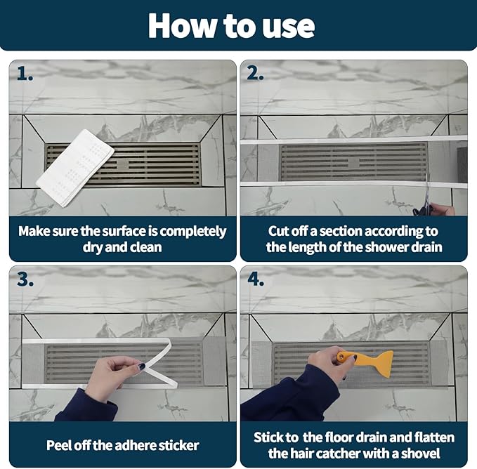 4 Inch x 33 FT Disposable Shower Drain Screen Self-Adhesive Stickers, with Cleaning Shovel, Showers Drain Hair Catcher, Shower Drain Mesh Stickers for Bathroom Kitchen Sink