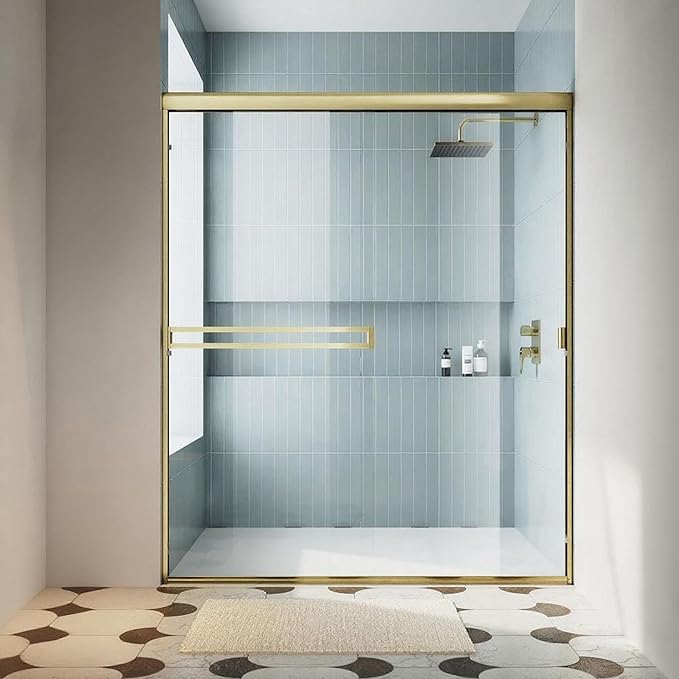 Shower Door 56-60 in. W x 72 in. H, UCALAFEE Semi-Frameless Double Sliding Shower Door with 1/4" (6mm) SGCC Clear Tempered Glass, Silent Soft-Close & Anti-Leak Walk-in Shower Door, Brushed Gold