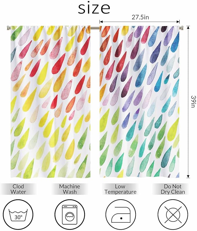 Rainbow Raindrops Kitchen Curtains Colorful Abstract Droplet Blob Brush Strokes Short Tier Curtains for Bathroom Cafe Small Window Drapes Treatment 2 Panels (27.5x39 Inch)