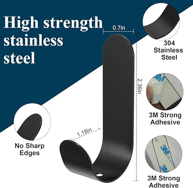 Adhesive Towel Hooks, 20 PCS Stainless Steel Self Adhesive Wall Hooks, Black Heavy Duty Shower Hook, Waterproof Oilproof Rustproof for Bathroom, Kitchen, Living Room
