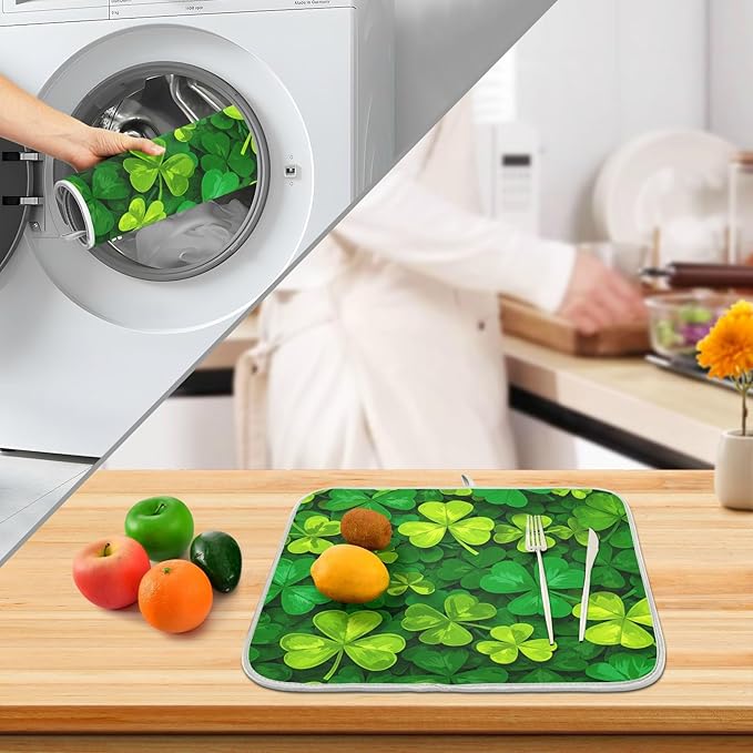 Patricks Day Shamrocks Lucky Clover Leaves Dish Drying Mat for Kitchen Counter Absorbent Microfiber Small Drying Pad Dish mats for Kitchen Countertops 16 x 18 Inch