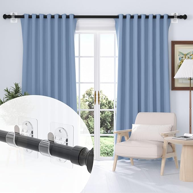 ANDGOO 10 Pack No Drill Curtain Rod Brackets, Renter Friendly Self Adhesive Curtain Rod Holders, Heavy Duty No Drilling Curtain Rod Hooks for Apartment Bedroom Bathroom Dorm Kitchen, Transparent