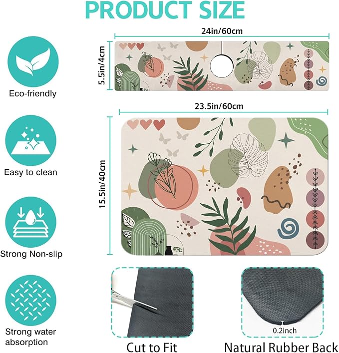 Dish Drying Mat for Kitchen Counter Matt, 2PCS 23"x15" Dish Drainer Mat & 24"x5.5" Sink Splash Guard, Super Absorbent Non-slip Rubber Backed