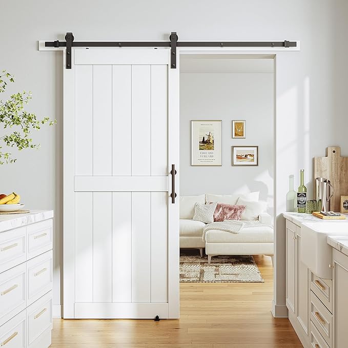 SmartStandard 38 x 84 inch White Sliding MDF Barn Door with 6.6FT Black Sliding Door Hardware Kit & Handle, Pre-Drilled Ready to Assemble, Waterproof PVC Coating, H-Frame