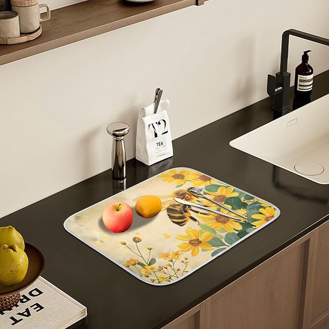 Honey Bee Dish Drying Mat for Kitchen Counter Absorbent Microfiber Small Drying Pad Dish Yellow Flowers Leaves Mats for Kitchen Countertops 16 x 18 Inch