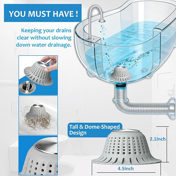 Hair Catcher Shower Drain,Bathtub Drain Hair Catcher, Covering Bathroom Sink Drain Strainer, Bathtub Protector for Pop-Up & Flat Bath Tub Drain Stoppers,Hair Trap for Shower Drain Effectively (Grey)