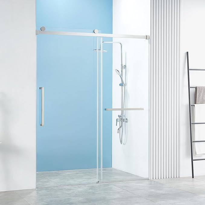 56-60" W x 76" H Frameless Single Sliding Shower Door, Frameless Shower Door, Shower Glass Door with 5/16" (8mm) Clear SGCC Tempered Glass, Stainless Steel Hardware O01 (2 Roller - Chrome)