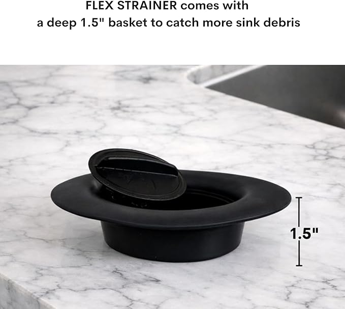Flex Strainer® Sink Drain Strainer with Optional Stopper – No Center Stem, Fits Standard 3½” Sink Drains & Disposals – Easy Clean, Dishwasher Safe – Made in USA (Black, 3pc)